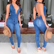 Sexy Backless Buttoned V-neck Halter Denim Jumpsuit