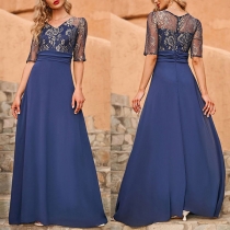 Fashion Lace Spliced Elbow Sleeve Long Party Dress