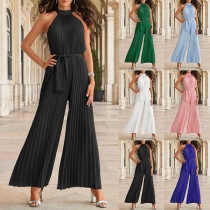 Enfärgad halterneck självknytande plisserad jumpsuit för vida ben (Storleken är större)