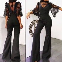 Elegant Semi-through Lace Spliced Mock Neck Elbow Sleeve Wide-leg Jumpsuit
