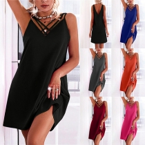 Fashion Solid Color Cross-criss V-neck Backless Loose Dress