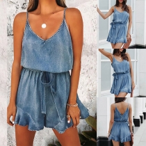 Casual Self-tie Ruffle Hemline Cami Romper