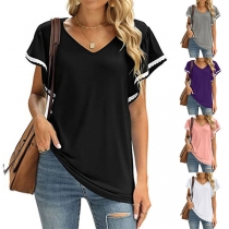 Casual Ruffled Short Sleeve V-neck Shirt