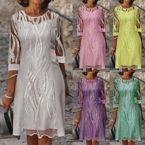 Elegant Elbow Sleeve Round Neck Semi-through Gauze Spliced Mini Dress