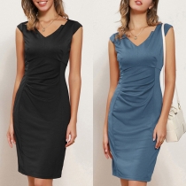 Elegant Solid Color V-neck Sleeveless Ruched Bodycon Dress