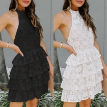 Sexy Solid Color Backless Tiered Halter Dress