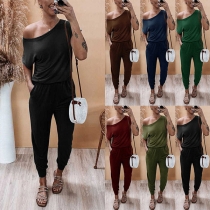Sexy Solid Color Short Sleeve Side Pocket Jumpsuit