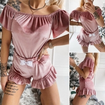 Sexy Solid Color Two-piece Set Consist of Off-the-shoulder Short and Shorts with ruffle Hemline
