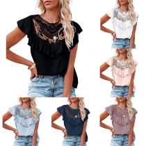 Fashion Lace Spliced Ruffle Sleeveless Shirt