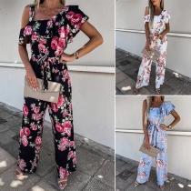 Fashion Floarl Printed Asymmetrical Shoulder Self-tie Jumpsuit