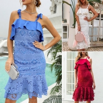 Sexy Lace Spliced Ruffle Hemline Self-tie Slip Dress