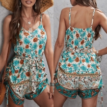 Bohemia Style Floral Printed Self-tie Side Drawstring Cami Romper