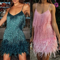 Sexig V-ringad Tofs Sammanfogad Feather Partyklänning