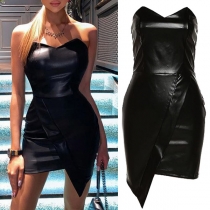 Sexy Strapless Irregular Hemline Artificial Leather PU Bodycon Dress