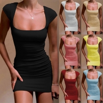 Sexy Solid Color Scoop Neck Cap Sleeve Bodycon Dress