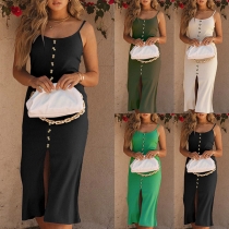 Sexy Solid Color Buttoned Slit Ribber Bodycon Slip Dress