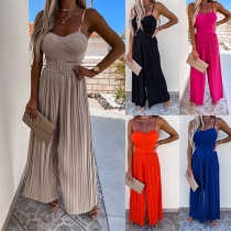 Elegant Solid Color Pleated Wide-leg Jumpsuit with Belt