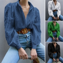 Modern spetsdetaljerad långärmad blus med mockahals