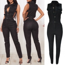 Sexy Cutout Polo Neck Buttoned Slim Fit Denim Jumpsuit