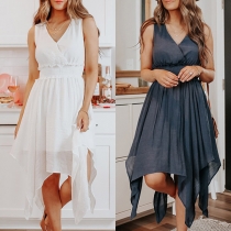 Casual Solid Color Sleeveless V-neck Smocked Irregular Hemline Dress