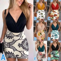 Sexy Contrast Color Floral Printed V-neck Mini Dress