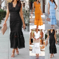 Sexy Lace Spliced V-neck Sleeveless Midi Dress