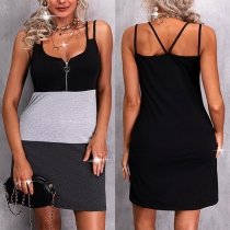 Casual Contrast Color Zipper Slip Dress