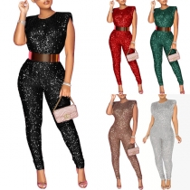 Fashion Bling-bling Sequin Round Neck Sleeveless Jumpsuit without Belt