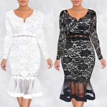 Elegant Lace V-neck Long Sleeve Gauze Spliced Fishtail Hem Bodycon Dress