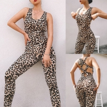Modeleopardtryckt ärmelös Halter Jumpsuit