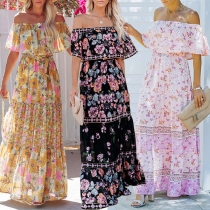 Bohemia Style Floral Printed Off-the-shoulder Short Sleeve Dress