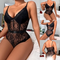 Sexig transparent spets V-ringad rygglös Cami Lingerie Bodysuit