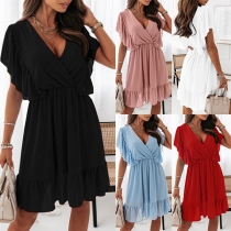 Fashion Solid Color Ruffled V-neck Dress