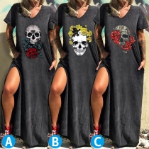 Casual förskrämd V-ringad Skull Printed Slitklänning