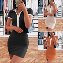 Casual Contrast Color Short Sleeve Polo Neck Buttoned Bodycon Dress