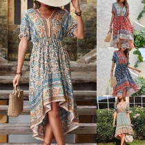 Bohemia Style Floral Printed V-neck Short Sleeve High-low Hemline Dress