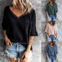 Casual Solid Color V-neck Patch Pocket Elbow Sleeve Shirt