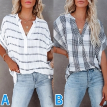 Casual Stripe/Plaid Printed V-neck Batwing Short Sleeve Loose Shirt