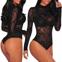 Sexig långärmad Mock Neck halvgenomskinlig underkläderbody