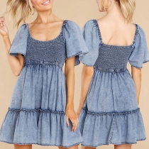 Fashion Scoop Neck Short Sleeve Smocked Tiered Denim Dress