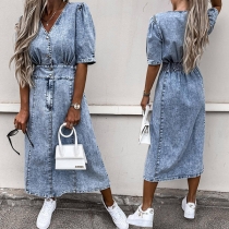 Casual V-neck Buttoend Short Sleeve Old Washed Denim Dress