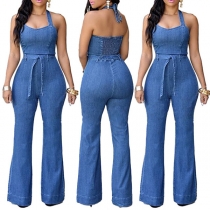 Fashion Halter Neck Smocked Self-tie Wide-leg Jumpsuit
