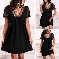 Casual Lace Spliced Short Sleeve V-neck Mini Dress