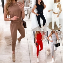 Casual Solid Color Two-piece Set Consist of Crop Top and Pants