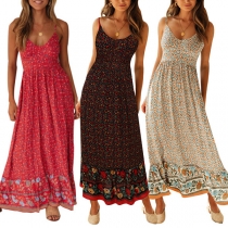 Bohemia Style Floral Printed V-neck Slip Dress