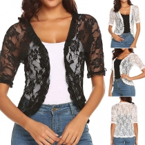 Halvtransparent blommig spets cardigan med skarvade armbågsärmar