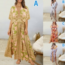 Bohemia Style Batwing Sleeve Plung V-neck High Waist Beach Dress Summer Dress