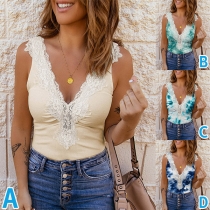 Fashion Sleeveless Lace Spliced V-neck Tank Top