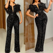 Fashion Bling-bling V-neck Short Sleeve Feather Spliced Wide-leg Sequin Jumpsuit