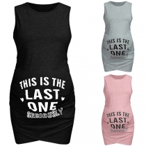 Fashion Letter Printed Sleeveless Round Neck Irregular Hemline Maternity Dress